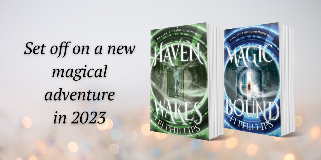 Haven Wakes and Magic Bound book covers on a muted sparkly background with the words Set off on a new magical adventure in 2023