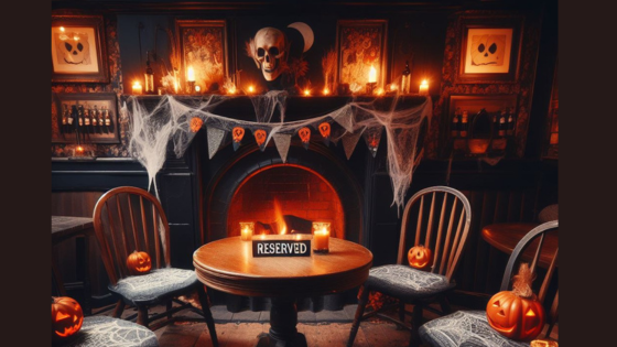 4 empty chairs with a table by a roaring fire in a quaint pub, lots of Halloween decorations