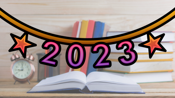 2023 over a bookish background