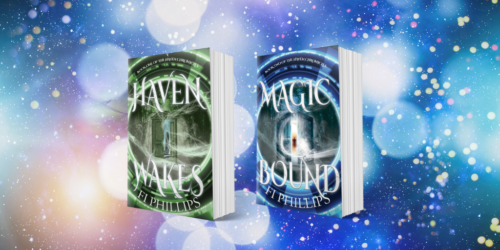 book covers of Haven Wakes and Magic Bound by Fi Phillips on a magical abstract background