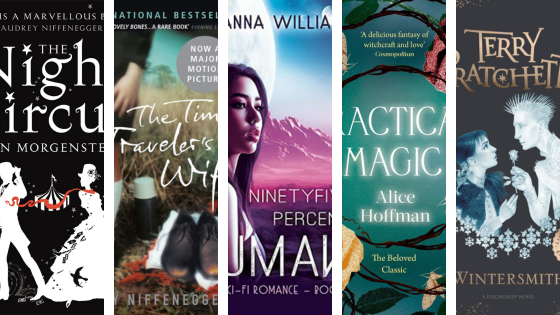 slivers of 5 book covers, The Night Circus by Erin Morgenstern, The Time Travellers Wife by Audrey Niffenegger, Ninety Five Percent Human by Suzanna Williams, Practical Magic by Alice Hoffman, and Wintersmith by Terry Pratchett