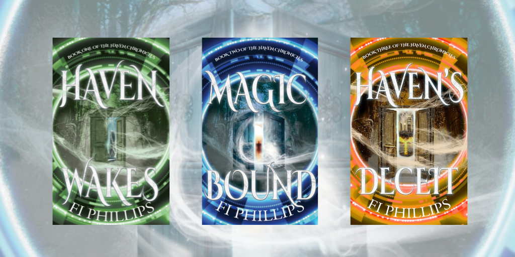 Haven Wakes, Magic Bound, and Haven's Deceit by Fi Phillips on a magical background