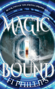 Magic Bound by Fi Phillips - blue book cover featuring a double door opening onto a seascape with what looks like an oil platform - the door is in a forest