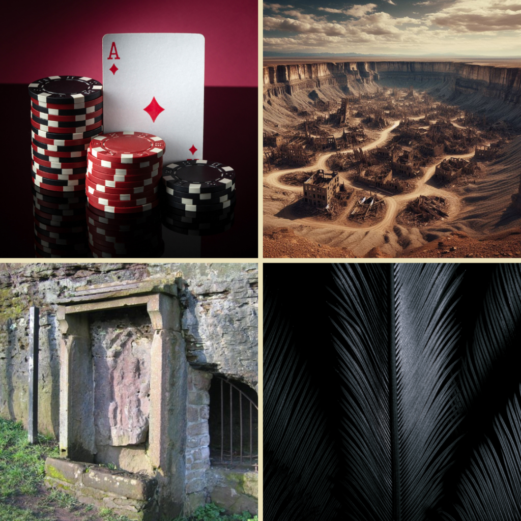 a grid of 4 images: a playing card and gambling chips, the ruins of a town in the desert, Minerva's Shrine in Chester, black feathers