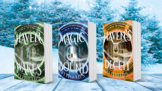 Haven Wakes, Magic Bound, and Haven's Deceit by Fi Phillips on a wintry table background