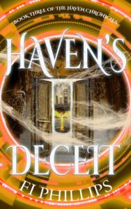 Haven's Deceit by Fi Phillips - orange book cover featuring a double door opening onto a floating futuristic city - the door is in a forest