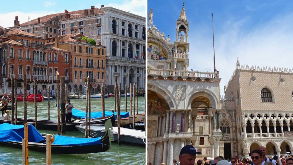 2 shots of venice - gondoliers on the grand canal and St Marks Square