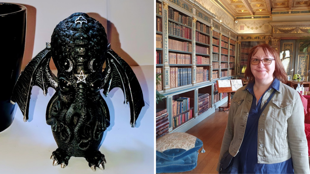 my baby Chthulhu (is that how you spell it?) ornament and me in the library at Warwick Castle