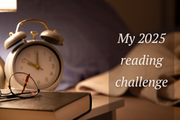 a bedtime scene with book, alarm clock, bedside lamp and bed, and the words my 2025 reading challenge