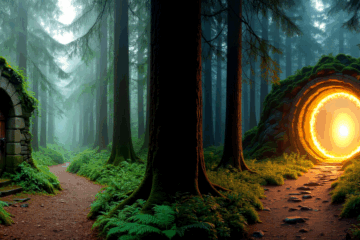 2 paths in a forest leading to an old door and a brightly lit portal