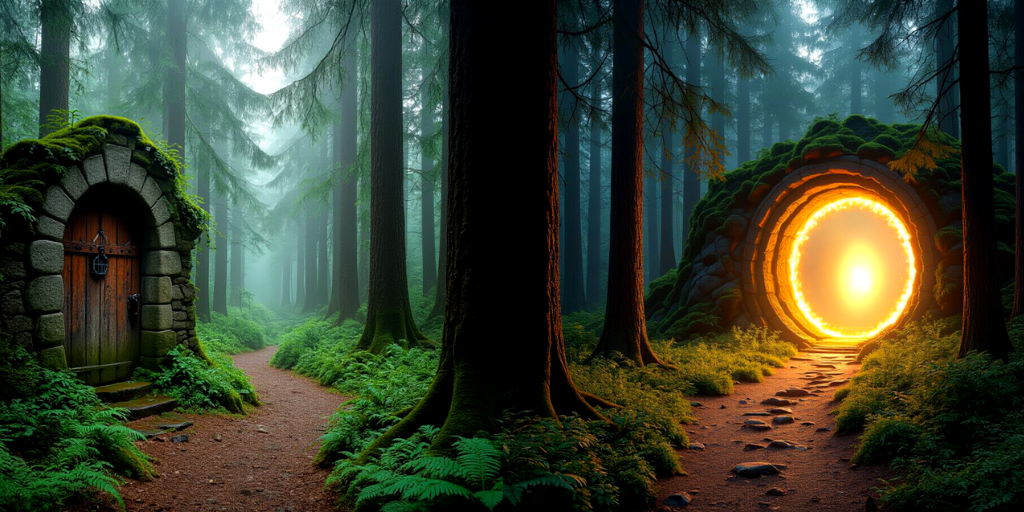 2 paths in a forest leading to an old door and a brightly lit portal